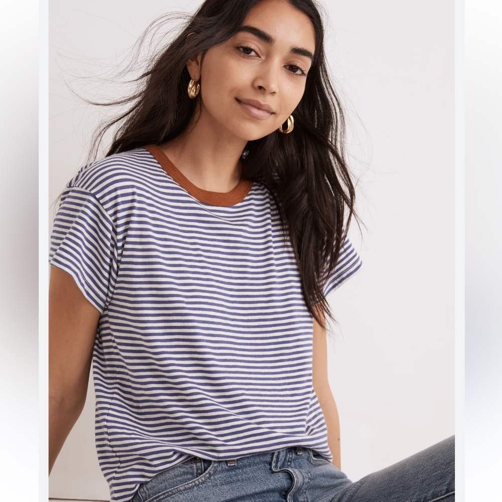 Madewell Striped Cotton Tee with Brown Neckline